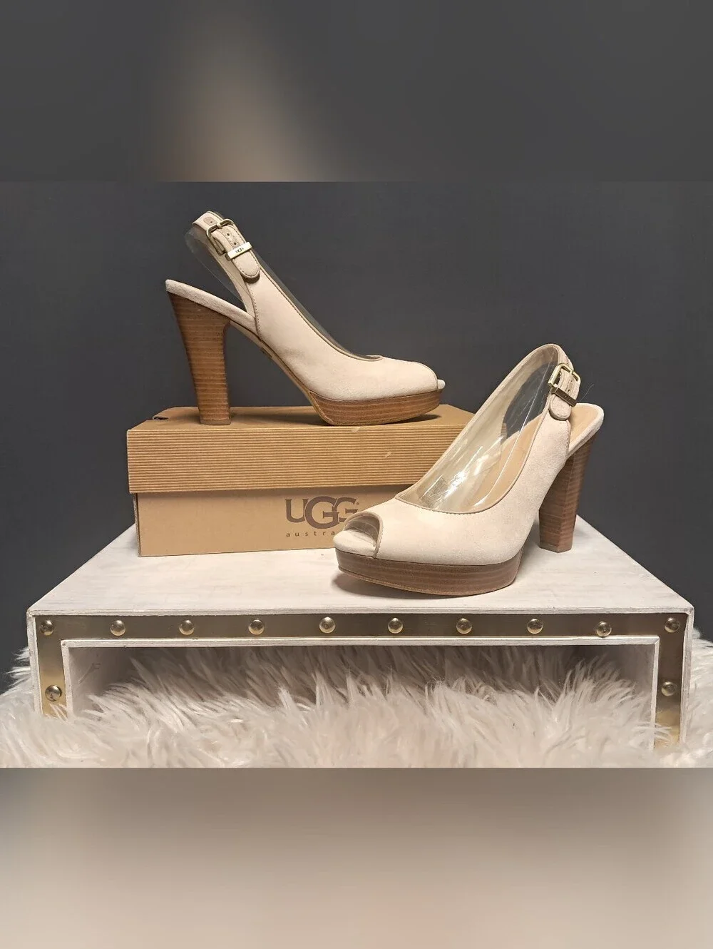 UGG Women's Open-Toe Slingback Heels in Beige Suede
